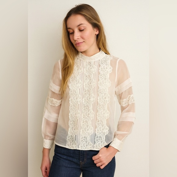 White House Black Market Blouse Women’s Sheer Organza Lace Vtg Style Top Sz 4 - Picture 1 of 10